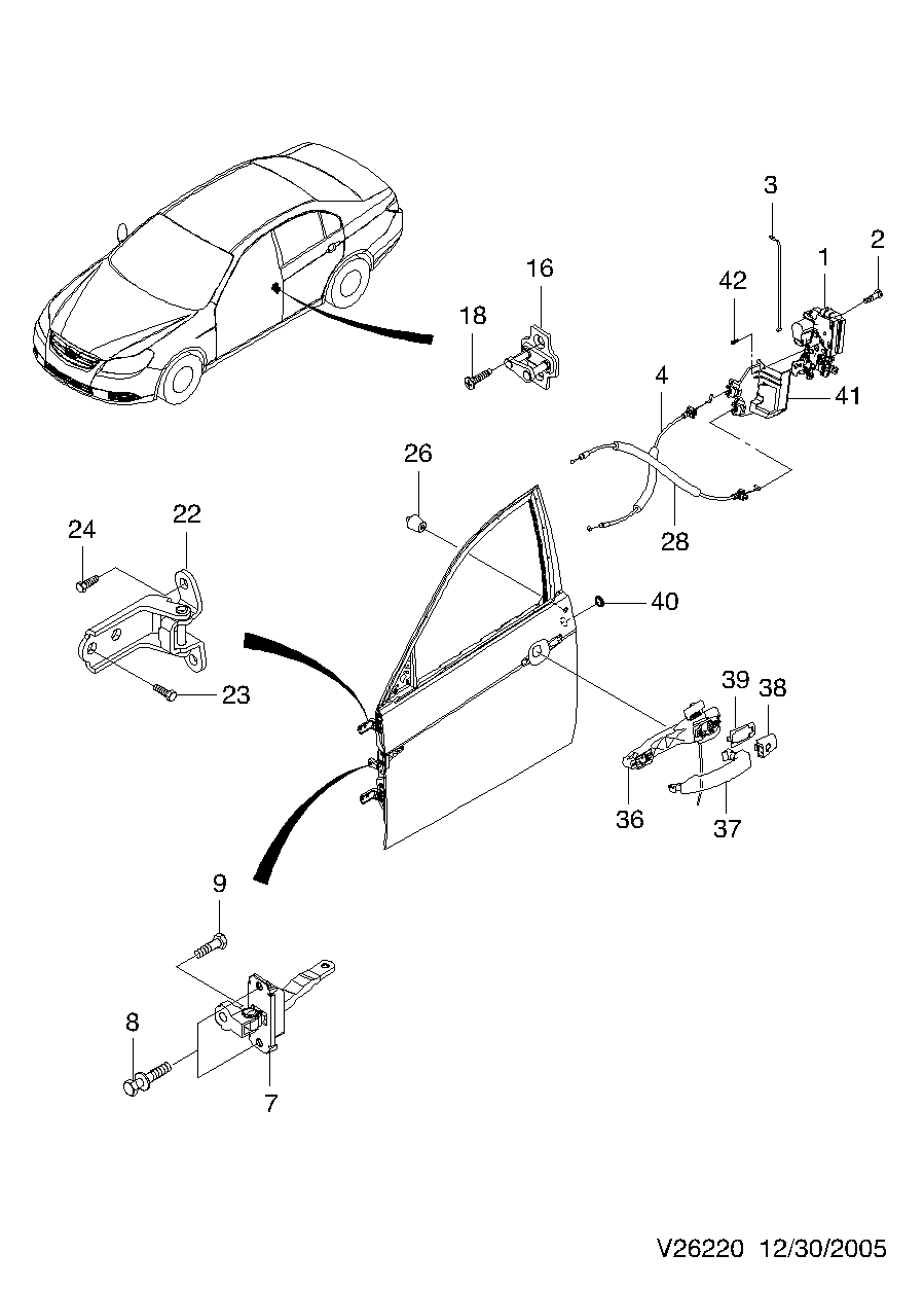 Оригинальный каталог запчастей daewoo - chevrolet on line (онлайн).  Интернет магазин запчастей шевроле - део: ЗАМОК ПЕРЕДНЕЙ ДВЕРИ (6220)  daewoo (Део) - chevrolet (Шевроле) EPICA (V250) 2007-2008