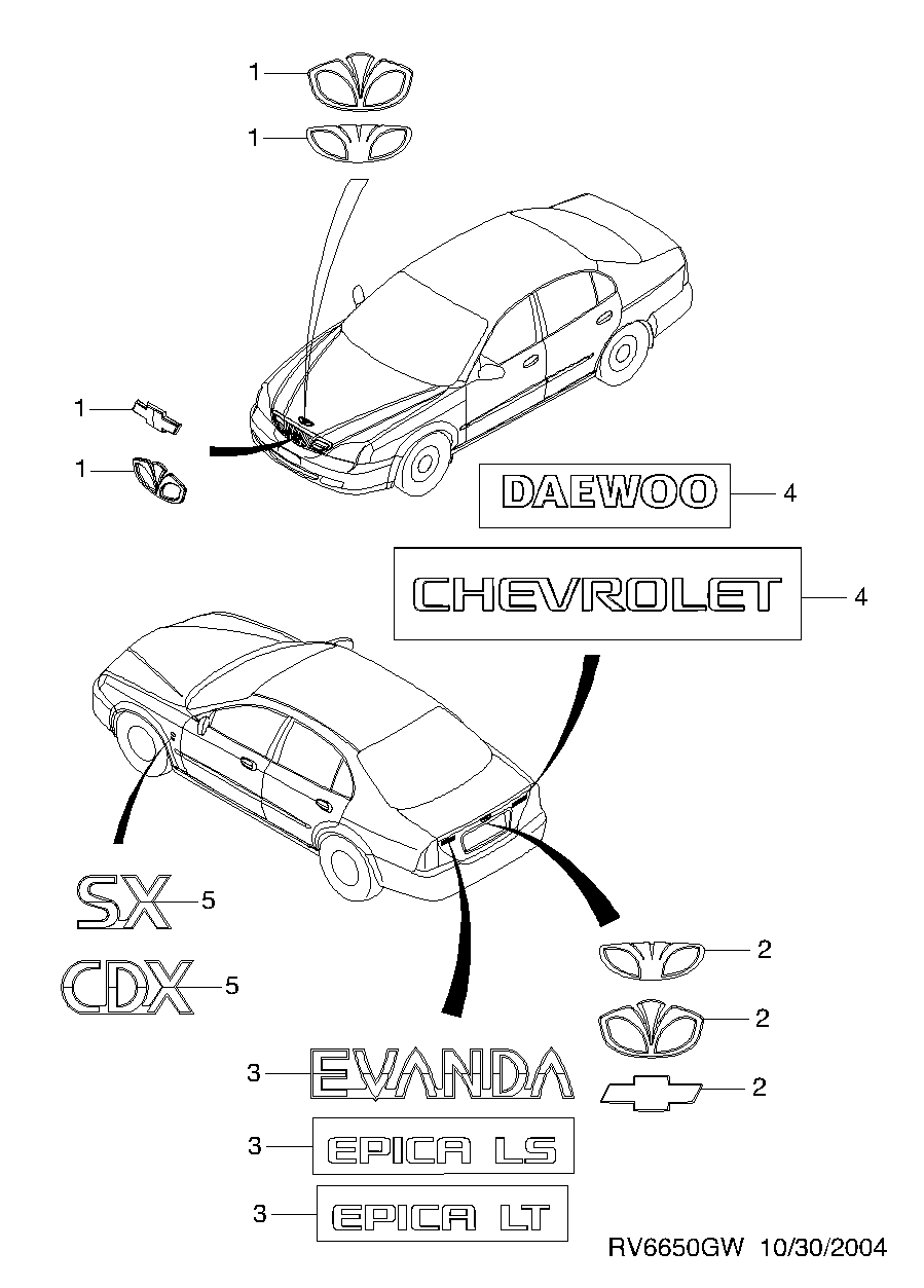 Оригинальный каталог запчастей daewoo - chevrolet on line (онлайн). Интернет  магазин запчастей шевроле - део: ЭМБЛЕМА И НАДПИСИ (6650) daewoo (Део) -  chevrolet (Шевроле) EVANDA (V200) 2003-2006